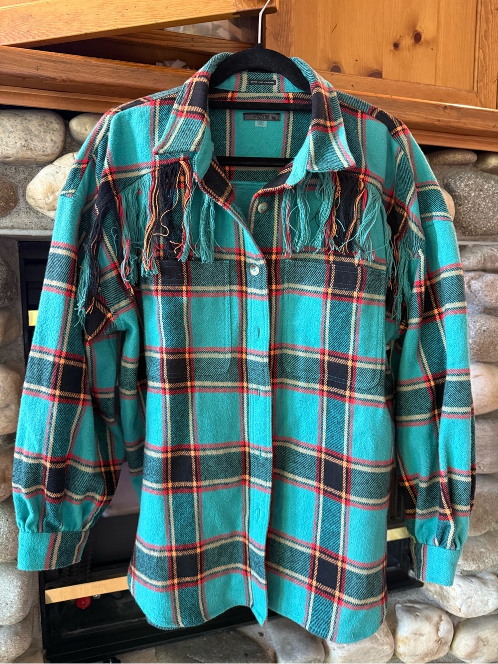 MOTHER Teal Plaid Button-Down Shirt with Fringe Moonshine Mornings